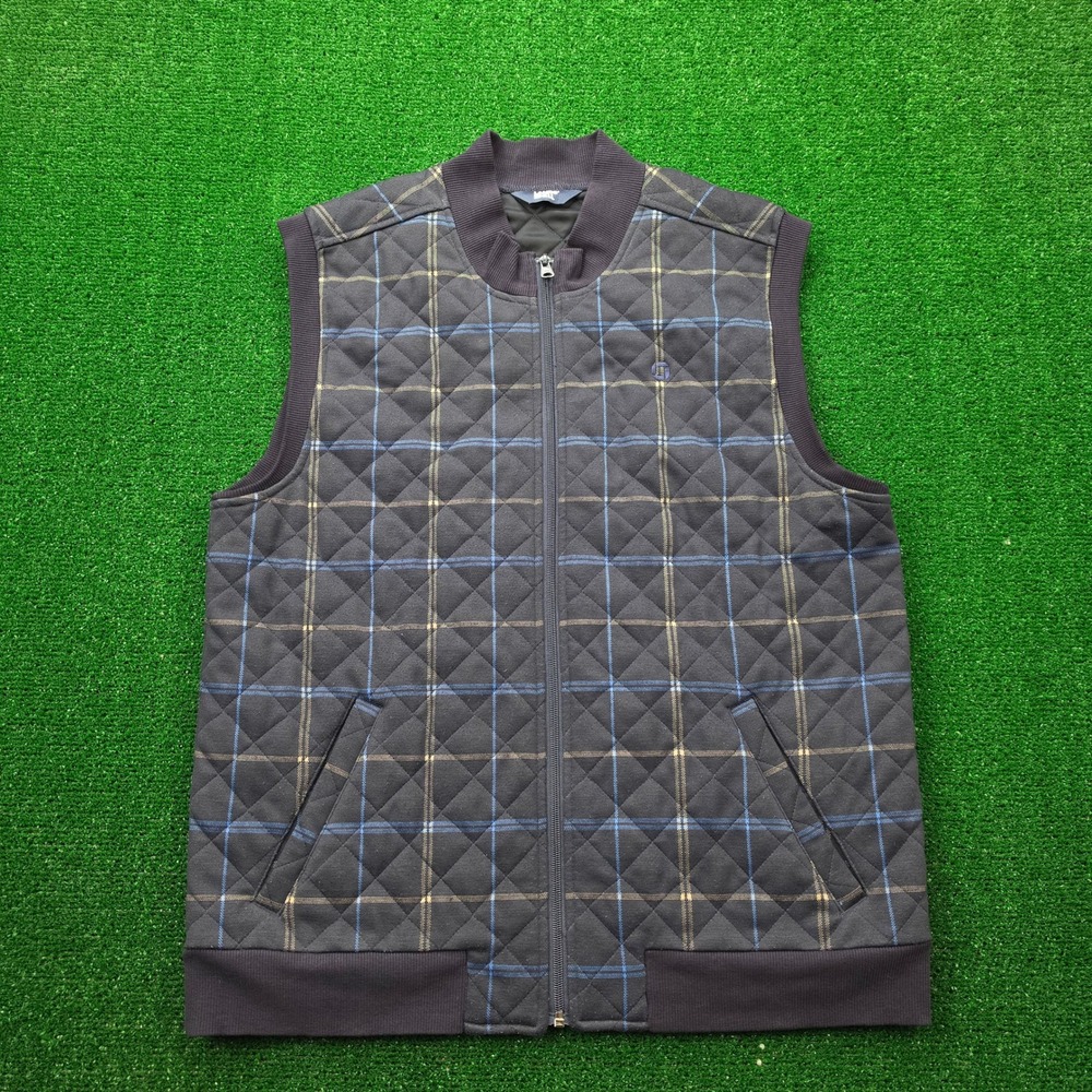Lands End Quilted Plaid Full-Zip Bomber Vest Mens Medium Blue Black Logo